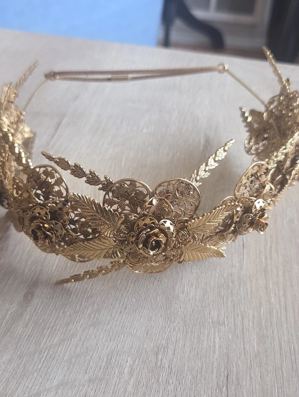 Jennifer Behr Gold Rosamund Tiara Headband - Vintage Brass Filigree Crown